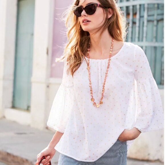 Boden Tops - Boden Tilda Glitter Top Womens 10 White Gold Dots Fluted Sleeve Lace Boho Spring